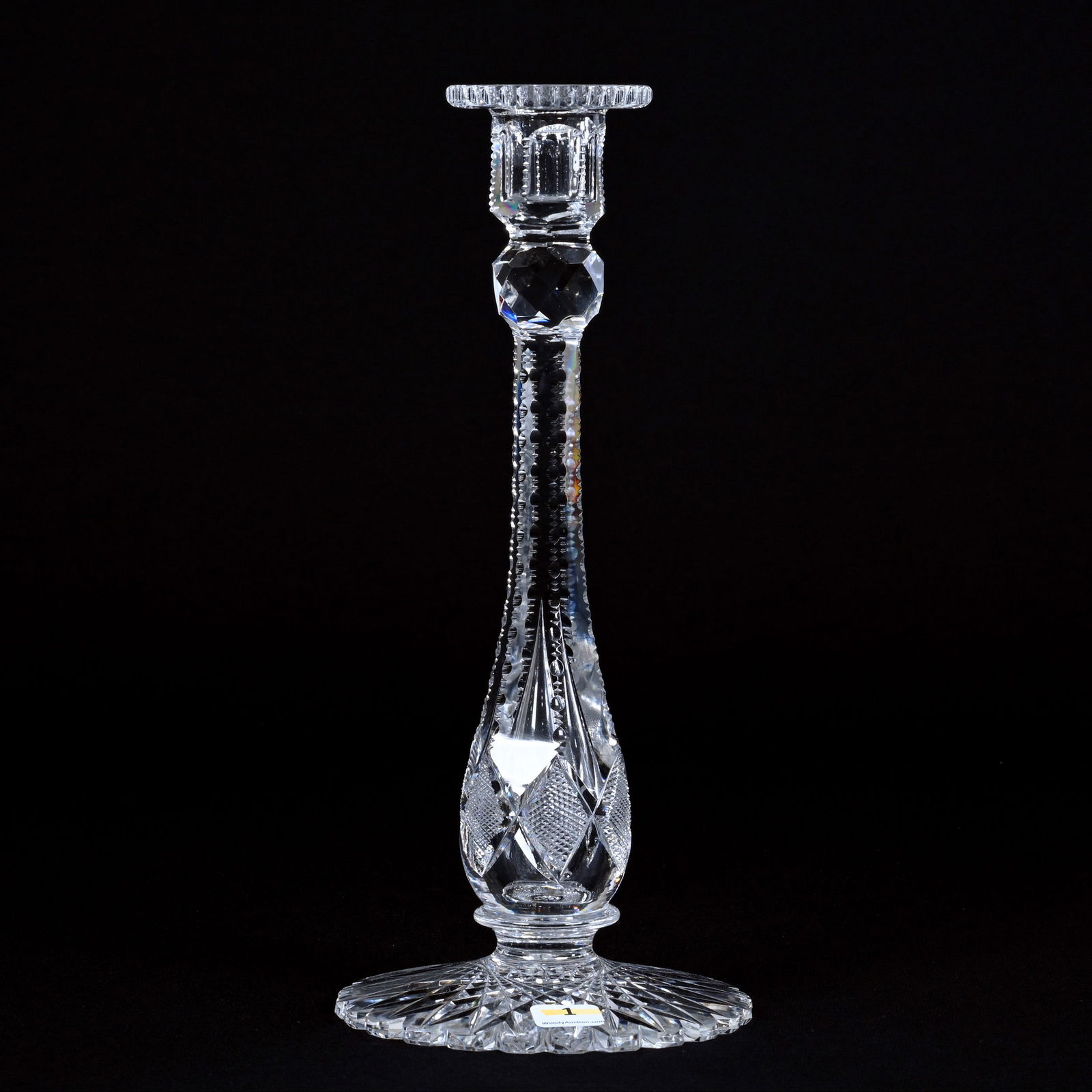 Single Candlestick, American Brilliant Cut Glass, Notched Teardrop Stem, Scalloped Hobstar Foot
