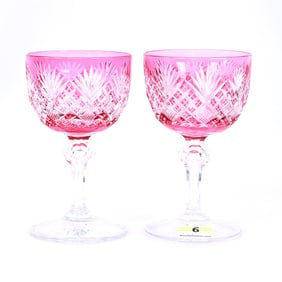 Pair Wine Stems, American Brilliant Cut Glass, Cranberry Cut To Clear
