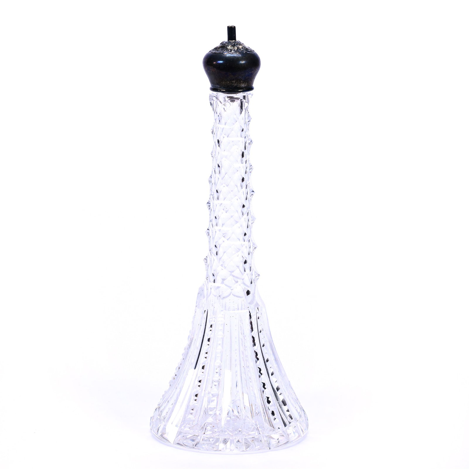 Barber Bottle, Prism Pattern, J. Hoare, American Brilliant Cut Glass: Barber Bottle, Prism Pattern, J. Hoare, American Brilliant Cut Glass, St. Louis Diamond And Prism Motif, 8.25" x 3.5", Sterling Silver Top, Ray Cut Base, As Seen In The Black Catalog - Page 129, Calif