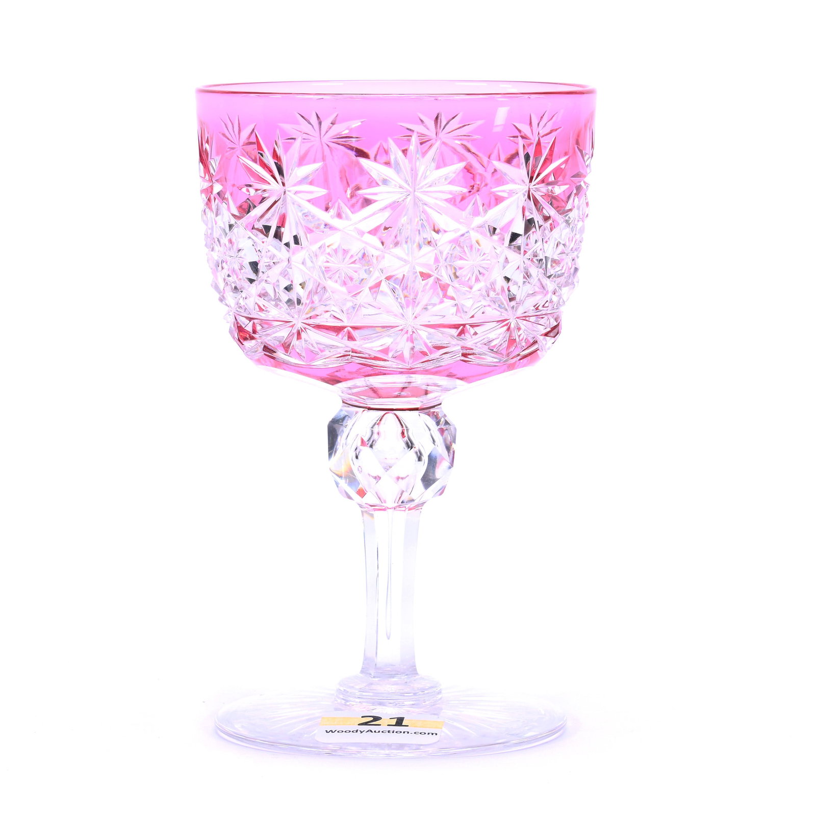 Wine Stem, American Brilliant Cut Glass, Cranberry Cut To Clear: Wine Stem, American Brilliant Cut Glass, Cranberry Cut To Clear, 4.625" x 2.75", Russian Pattern With Star Cut Buttons, Ray Cut Foot, California Private Collection.