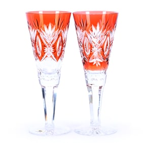 Pair Trumpet Vases, BPCG, Apricot Cut To Clear