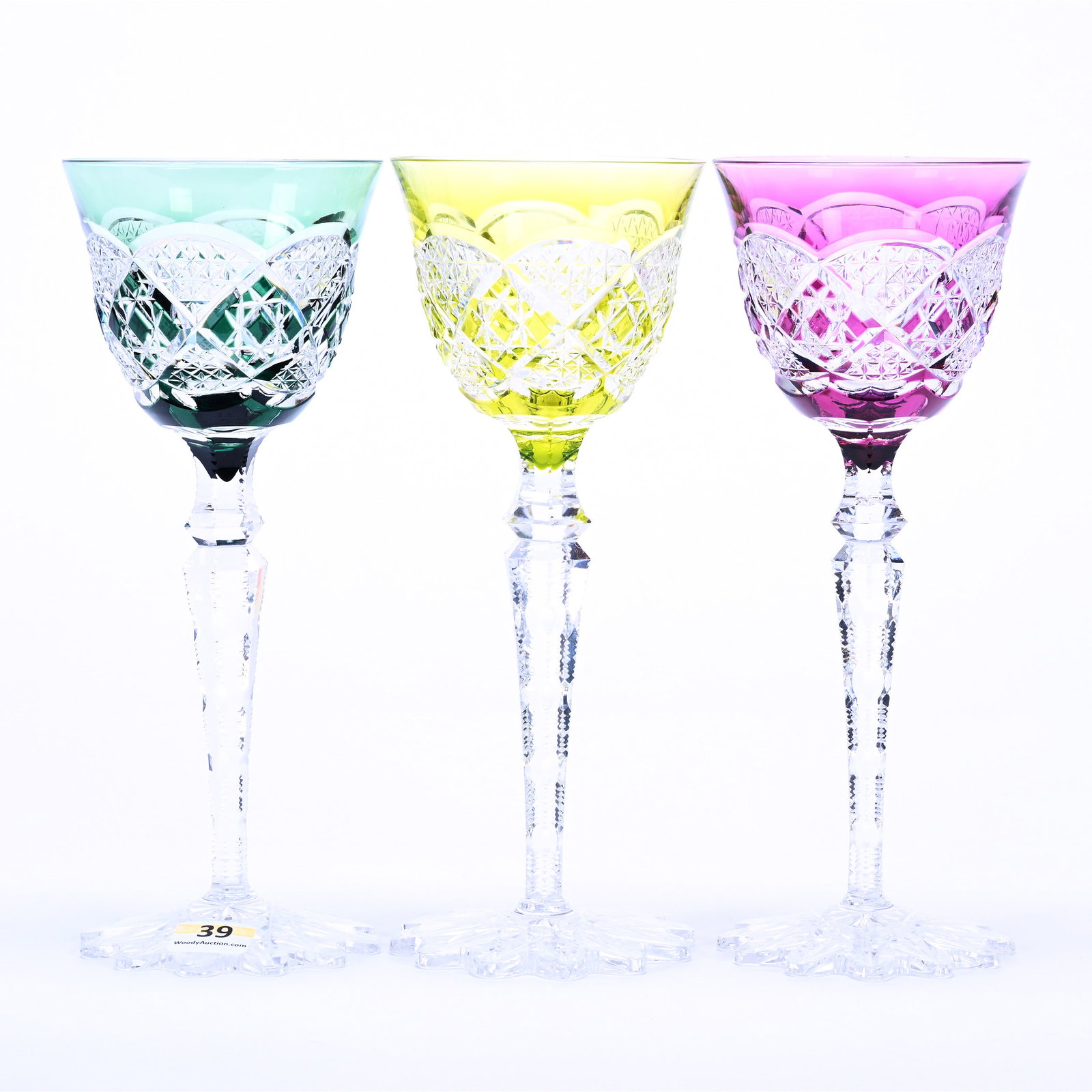 (3) Wine Stems, BPCG, Color Cut To Clear: (3) Wine Stems, Briliant Period Cut Glass, Color Cut To Clear, 8.5" x 3.5", Verrept Pattern By Val St. Lambert, Circa 1925, (1) Amethyst Cut To Clear, (1) Green Cut To Clear, (1) Yellow Cut To Clear, 