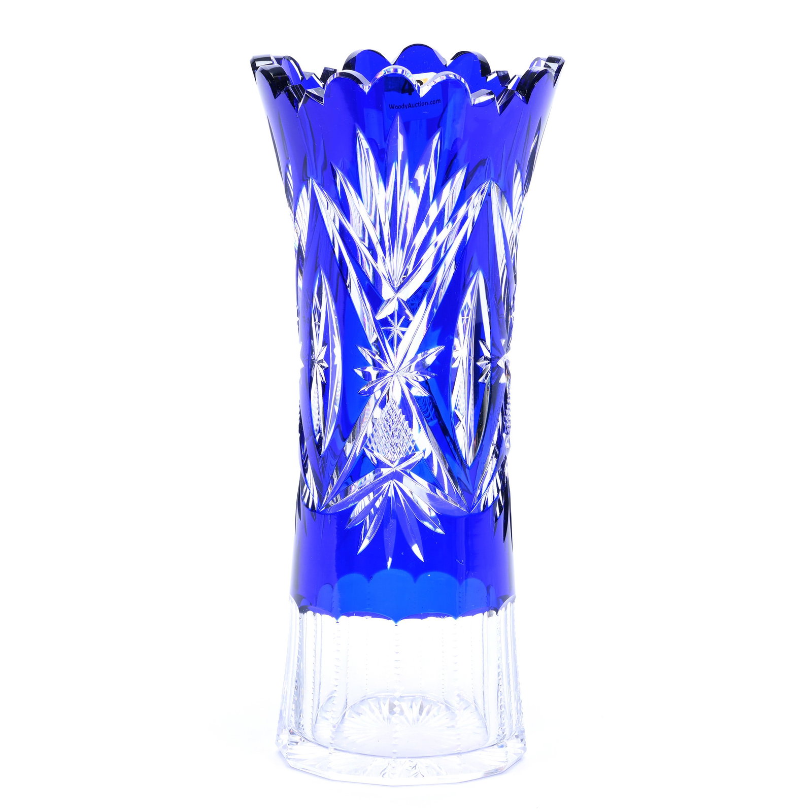 Vase, BPCG, Cobalt Blue Cut To Clear: Vase, Briliant Period Cut Glass, Cobalt Blue Cut To Clear, 10" x 4.25", Pattern #3247/17 By Val St. Lambert, Circa 1908, Ray Cut Base, Private Collection.