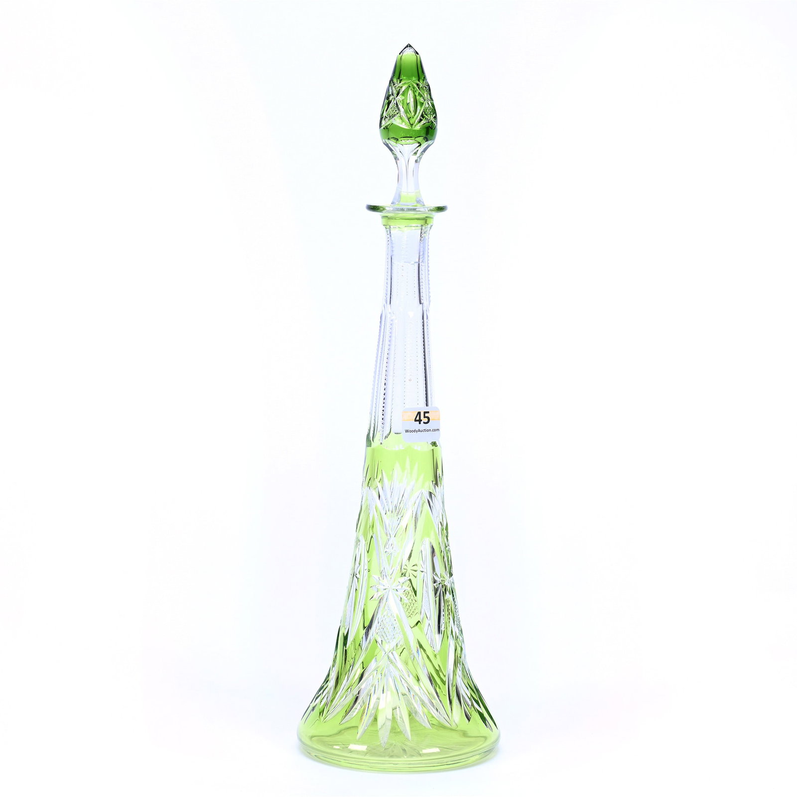Decanter, BPCG, Green Cut To Clear: Decanter, Briliant Period Cut Glass, Green Cut To Clear, 14" x 4", Pattern #3247/17 By Val St. Lambert, Circa 1908, Pattern Cut Stopper, Ray Cut Base, Private Collection.