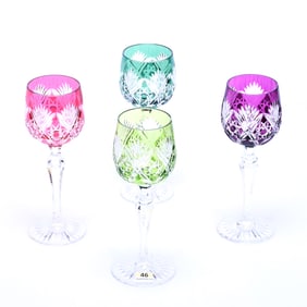 (4) Wine Stems, BPCG, Signed Val St. Lambert, Color Cut To Clear
