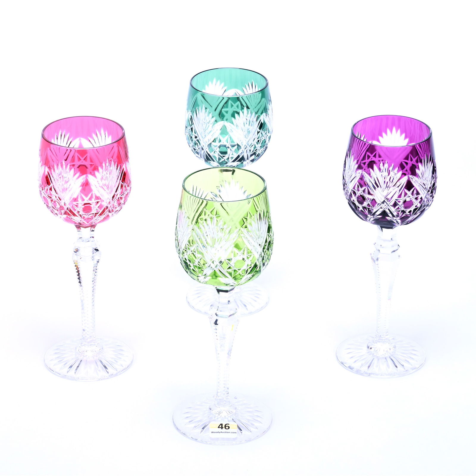 (4) Wine Stems, BPCG, Signed Val St. Lambert, Color Cut To Clear: (4) Wine Stems, Briliant Period Cut Glass, Signed Val St. Lambert, Color Cut To Clear, 8.25" x 3", Hobstar And Fan Motif, (1) Cranberry, (1) Amethyst, (1) Green, (1) Emerald, Private Collection.