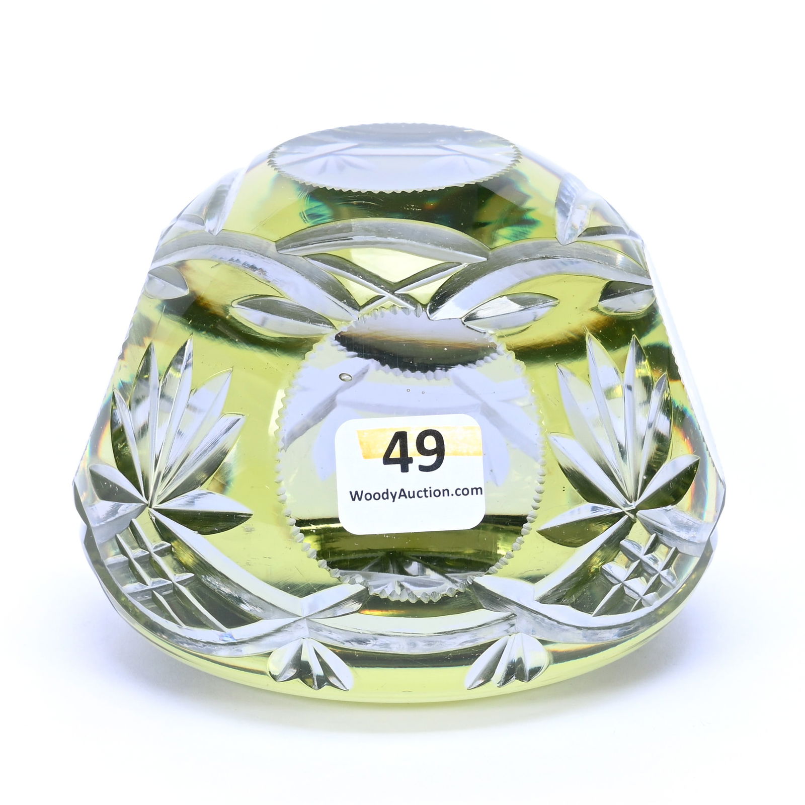 Paperweight, BPCG, Green Cut To Clear: Paperweight, Briliant Period Cut Glass, Green Cut To Clear, 3" x 4", Geometric Miter And Fan Motif, Four Windows, Hobstar Base, Private Collection.