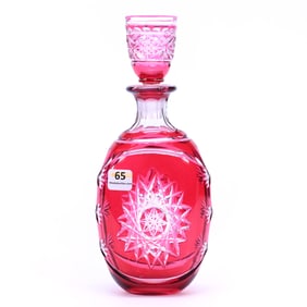 Oval Decanter, Shot Glass Stopper, BPCG, Cranberry Cut To Clear