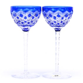 Pair Wine Stems, BPCG, Cobalt Blue Cut To Clear, Attributed To Val St. Lambert