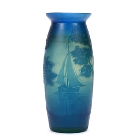 Vase, Cameo Art Glass, Unmarked Val St. Lambert, French Blue Cut To Vaseline