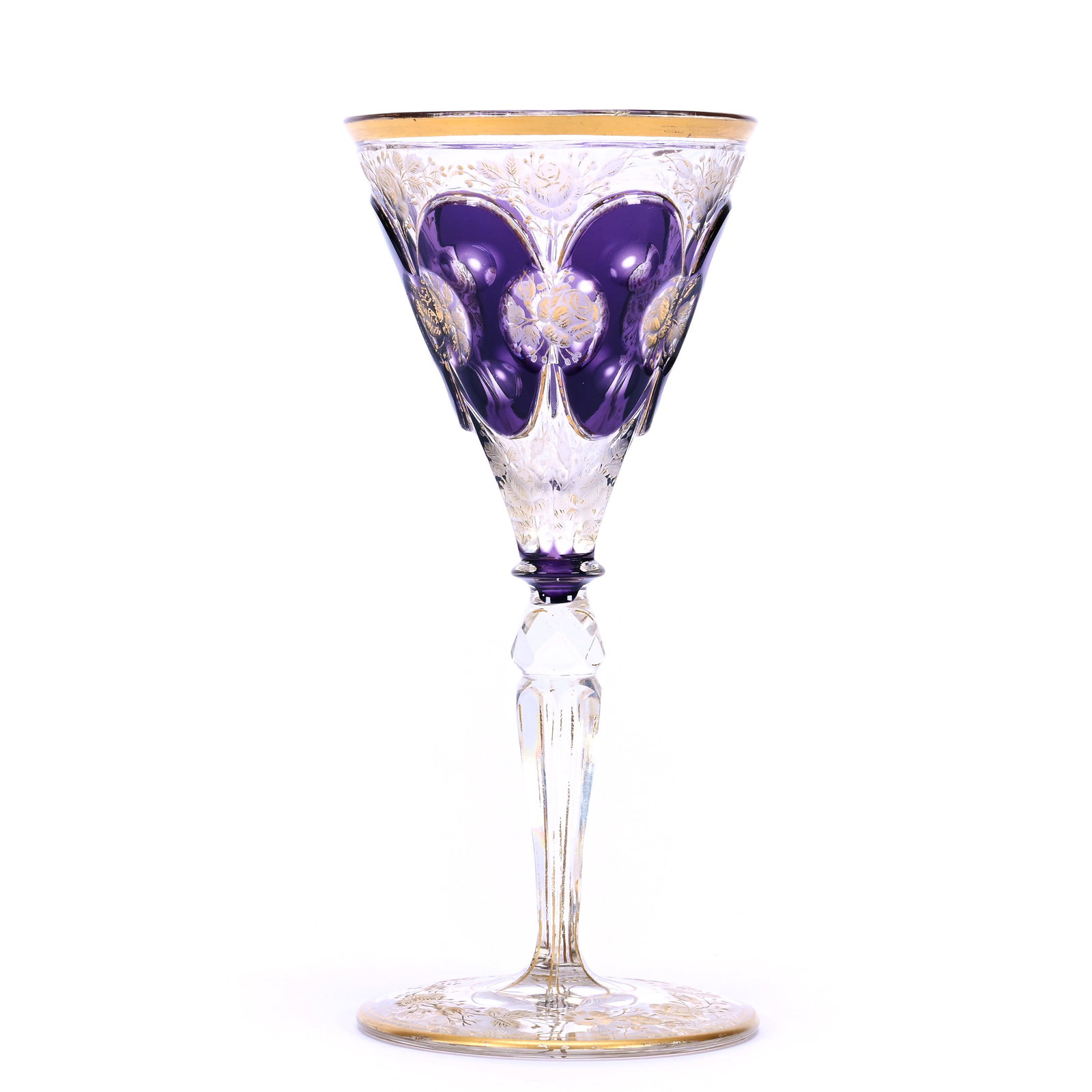 Wine Stem, Amethyst Cut To Clear: Wine Stem, Amethyst Cut To Clear, 6.5" x 3", Engraved Rose Decor, Gold Stencil Highlights, Moser Style, Private Collection.