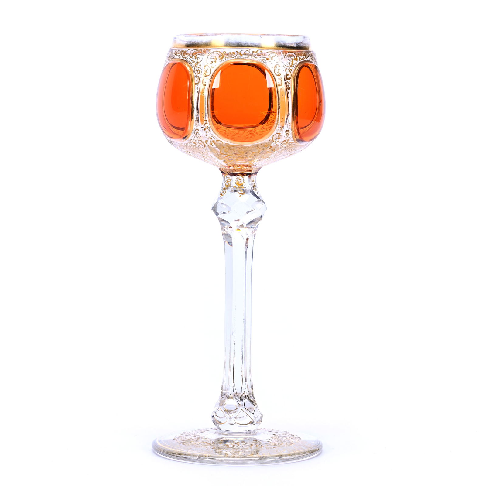 Wine Stem, Clear With Apricot Cabochon Windows: Wine Stem, Clear With Apricot Cabochon Windows, 8" x 3.25", Gold Enamel Highlights, Moser Style, Private Collection.