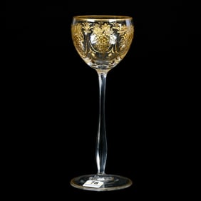 Wine Stem, Clear Art Glass With Engraved Fruit And Garland Decor