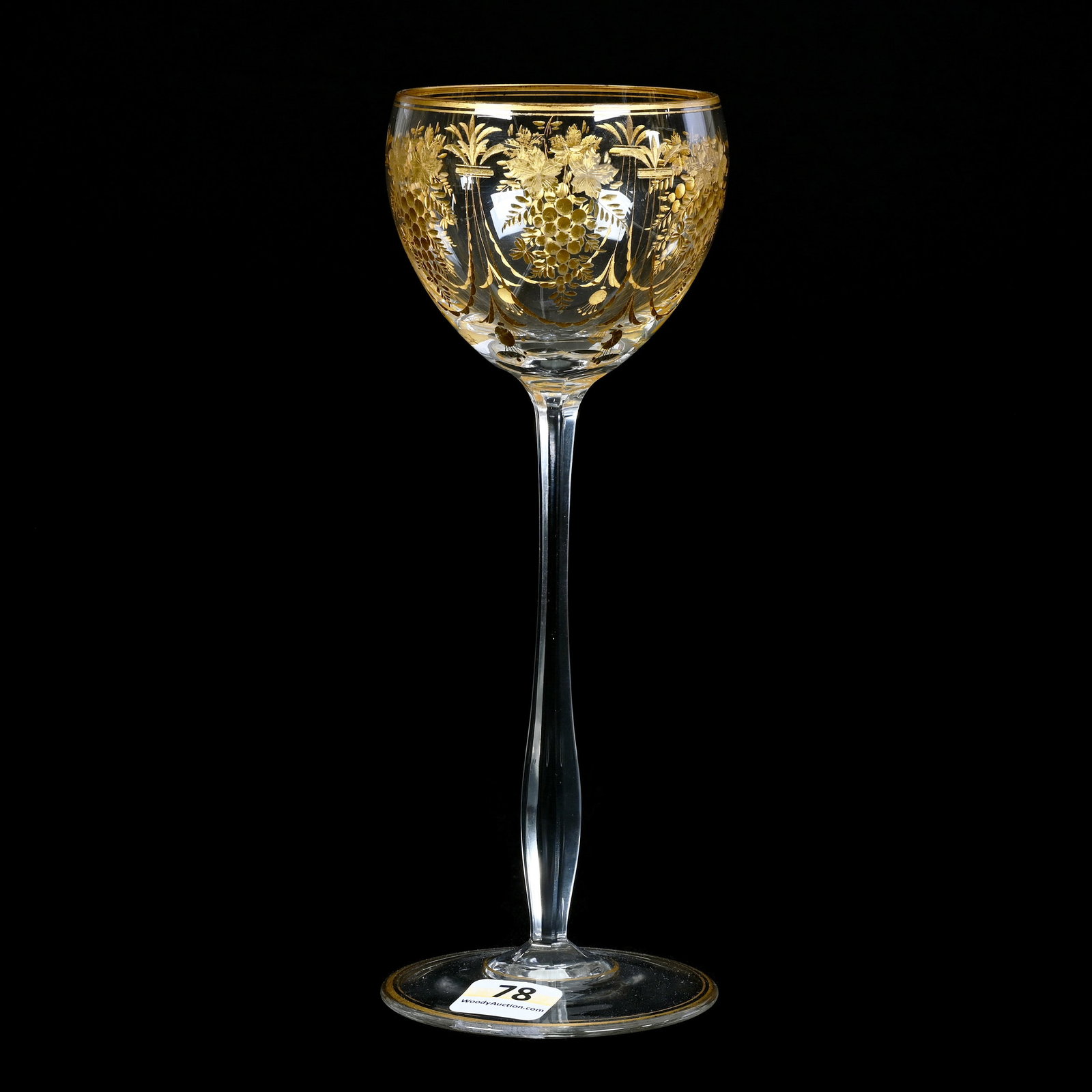 Wine Stem, Clear Art Glass With Engraved Fruit And Garland Decor: Wine Stem, Clear Art Glass With Engraved Fruit And Garland Decor, 8.25" x 3", Gold Leaf Highlights, Moser Style, Private Collection.