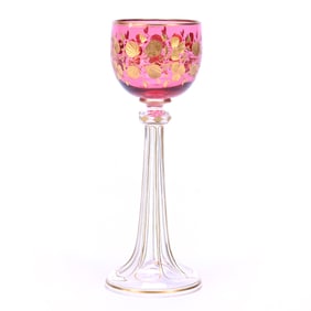 Wine Stem, Solid Cranberry Bowl With Engraved Floral Decor