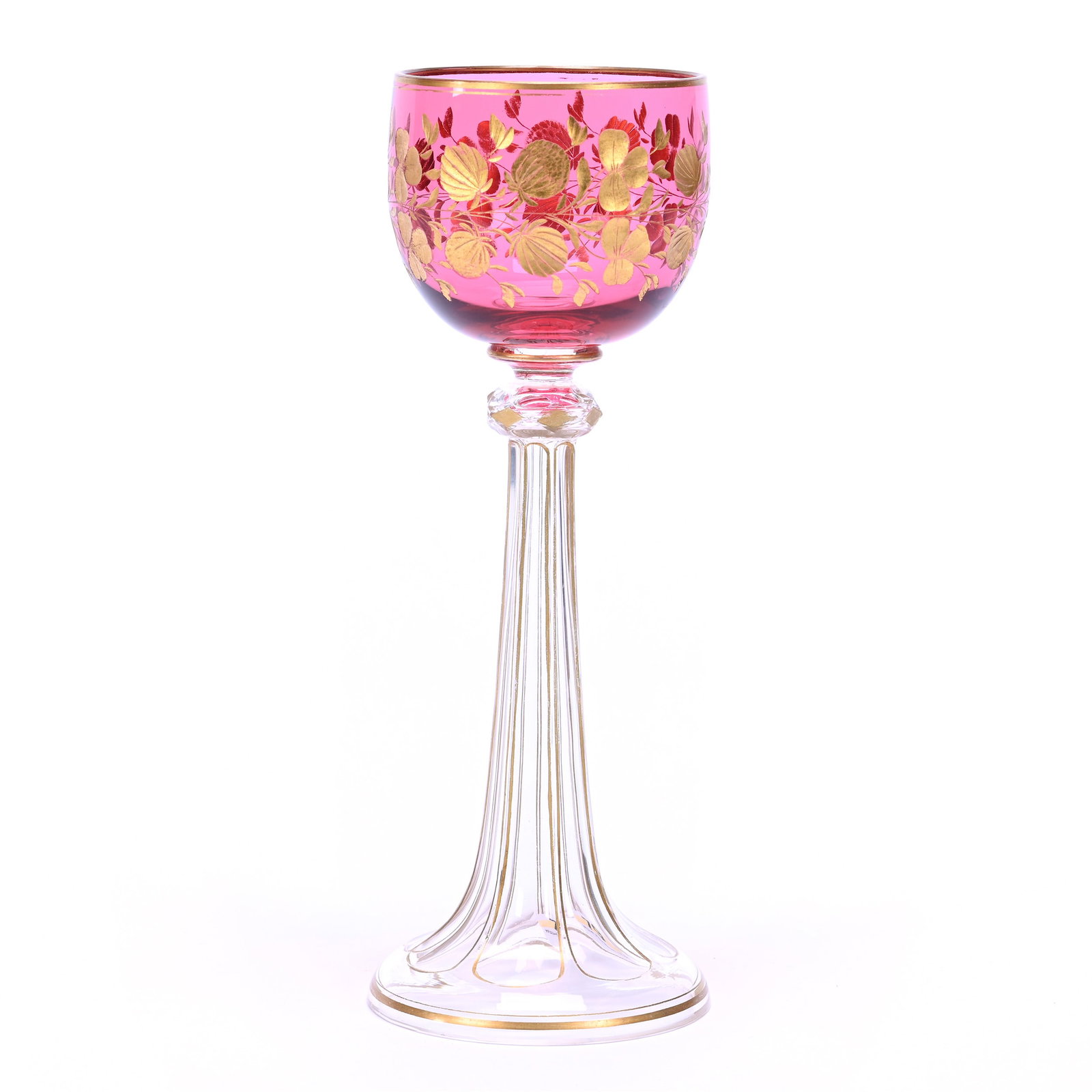 Wine Stem, Solid Cranberry Bowl With Engraved Floral Decor: Wine Stem, Solid Cranberry Bowl With Engraved Floral Decor, 7.75" x 2.75", Gold Leaf Highlights, Clear Skirted Base, Moser Style, Private Collection.