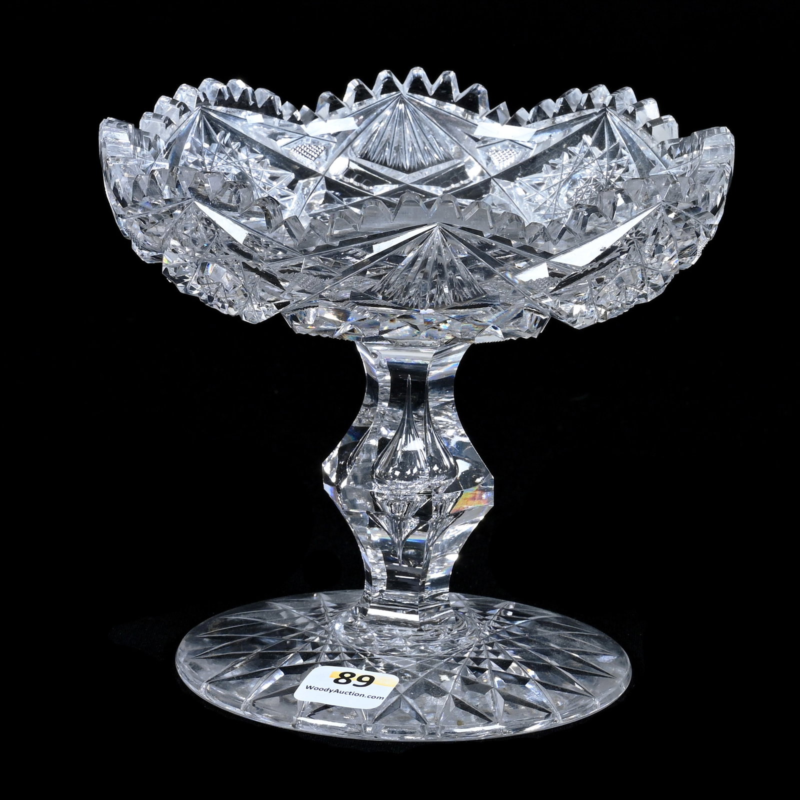 Compote, American Brilliant Cut Glass, Hobstar, Prism And Fan Motif: Compote, American Brilliant Cut Glass, Hobstar, Prism And Fan Motif, 5.5" x 6", Teardrop Stem, Hobstar Foot, Estate of Paul Pellet, Texas.