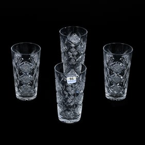 (4) Iced Tea Tumblers, American Brilliant Cut Glass, Signed Hawkes Queens Pattern