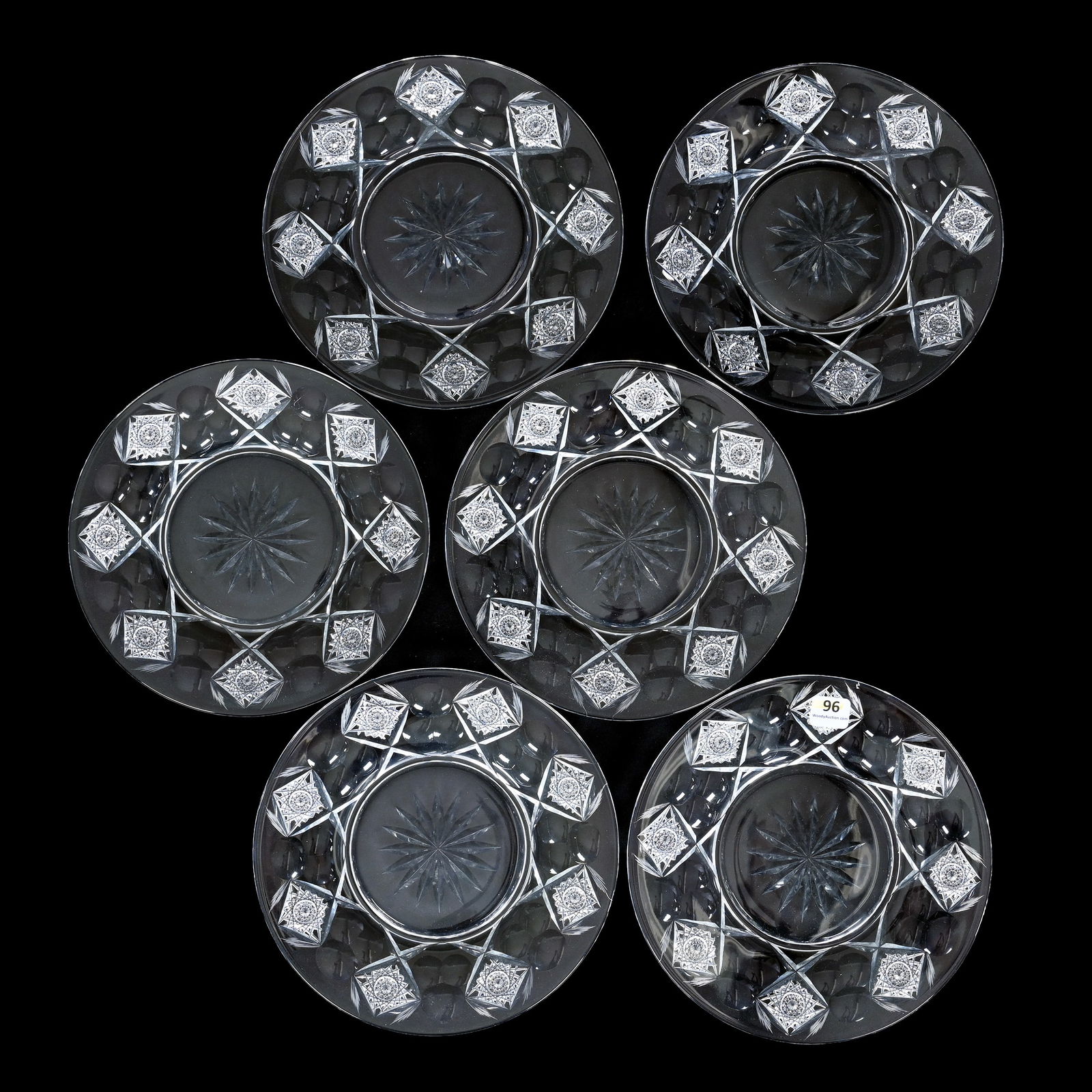 (6) Plates, American Brilliant Cut Glass, Signed Hawkes Queens Pattern: (6) Plates, American Brilliant Cut Glass, Signed Hawkes Queens Pattern, 8.25", Ray Cut Center, Estate of Paul Pellet, Texas.