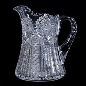 Water Pitcher, American Brilliant Cut Glass, Prism Cut Body With Cane And Hobstar Highlights
