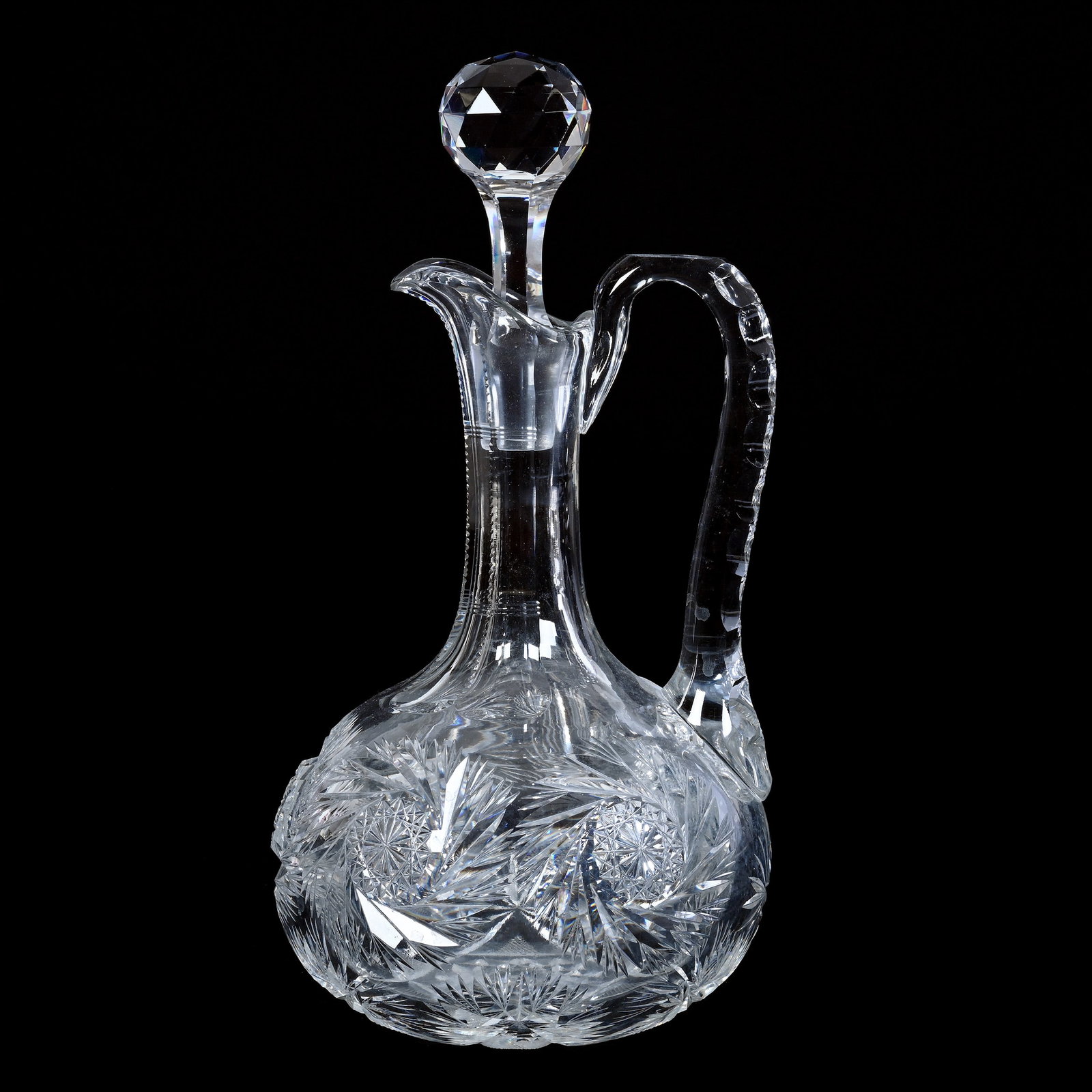 Decanter, American Brilliant Cut Glass, Pinwheel With Hobstar Base: Decanter, American Brilliant Cut Glass, Pinwheel With Hobstar Base, 11.5" x 5.75", Strawberry Diamond And Fan Highlights, Estate of Paul Pellet, Texas.