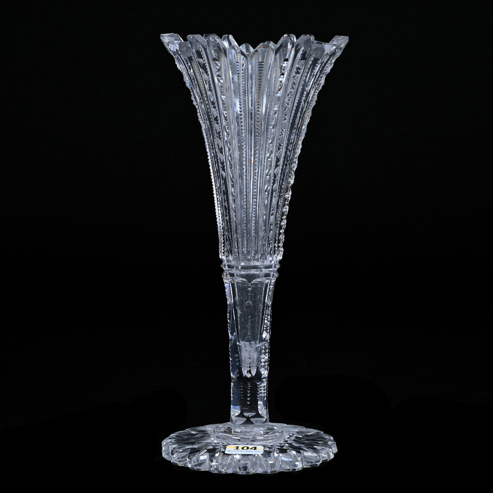 Trumpet Vase, American Brilliant Cut Glass, Prism Cut Body: Trumpet Vase, American Brilliant Cut Glass, Prism Cut Body, 10" x 4.25", Scalloped Hobstar Foot, Estate of Paul Pellet, Texas.