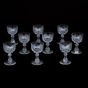 (9) Wine Stems, American Brilliant Cut Glass, Harvard Pattern By Libbey
