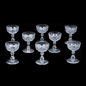 (8) Champagne Stems, American Brilliant Cut Glass, Harvard Pattern By Libbey