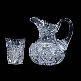 Pitcher And Tumbler, American Brilliant Cut Glass, Harvard Pattern By Libbey