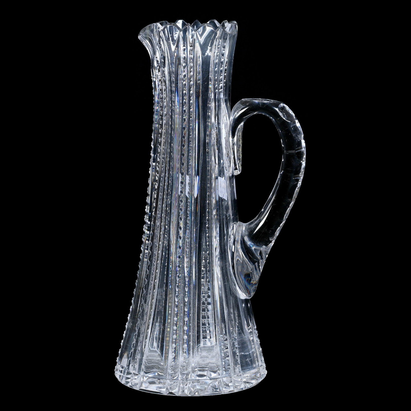 Tankard, American Brilliant Cut Glass, Alternating Prism And Pillar Motif: Tankard, American Brilliant Cut Glass, Alternating Prism And Pillar Motif, 11.75" x 5.5", Hobstar Base, Rim Nick, Estate of Paul Pellet, Texas.
