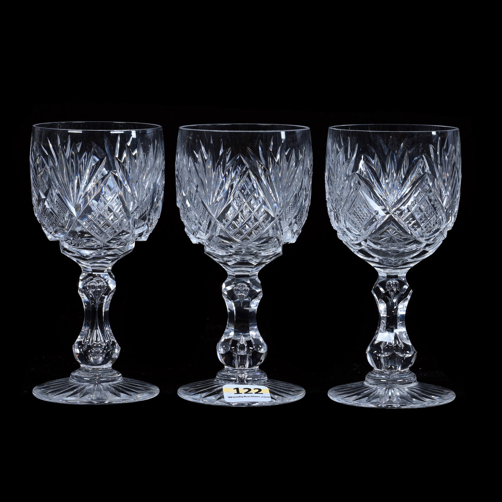 (3) Wine Stems, American Brilliant Cut Glass, Harvard Pattern By Libbey: (3) Wine Stems, American Brilliant Cut Glass, Harvard Pattern By Libbey, 5.25" x 2.5", Double Teardrop Stem, Ray Cut Foot, Estate of Paul Pellet, Texas.