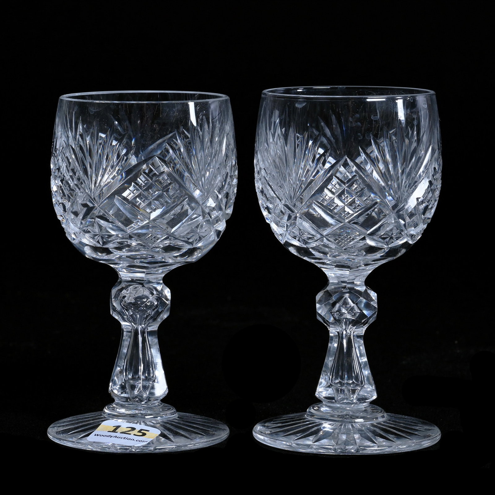 Pair Wine Stems, American Brilliant Cut Glass, Crosscut Diamond, Star, Bar And Fan Motif: Pair Wine Stems, American Brilliant Cut Glass, Crosscut Diamond, Star, Bar And Fan Motif, 4.75" x 2.5", Ray Cut Foot, Estate of Paul Pellet, Texas.