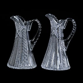 Pair Pitchers, American Brilliant Cut Glass, Prism Cut Body With Cane And Hobstar Highlights