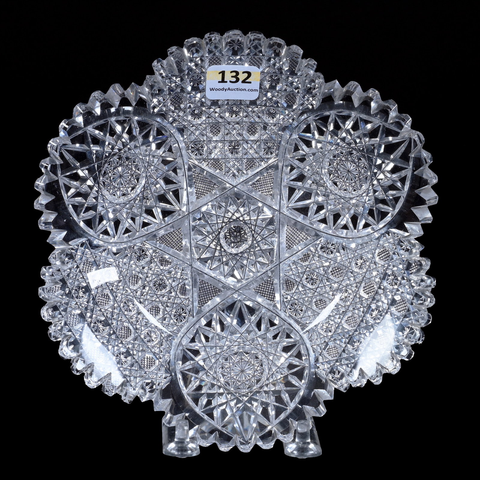 Plate, American Brilliant Cut Glass, Three Sections Of Hobstar And Cane Motif: Plate, American Brilliant Cut Glass, Three Sections Of Hobstar And Cane Motif, 7", Quality Blank, Estate of Paul Pellet, Texas.