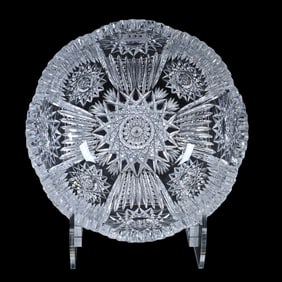 Bowl, American Brilliant Cut Glass, Well Cut Flashed Hobstar Center With Prism And Hobstar Border