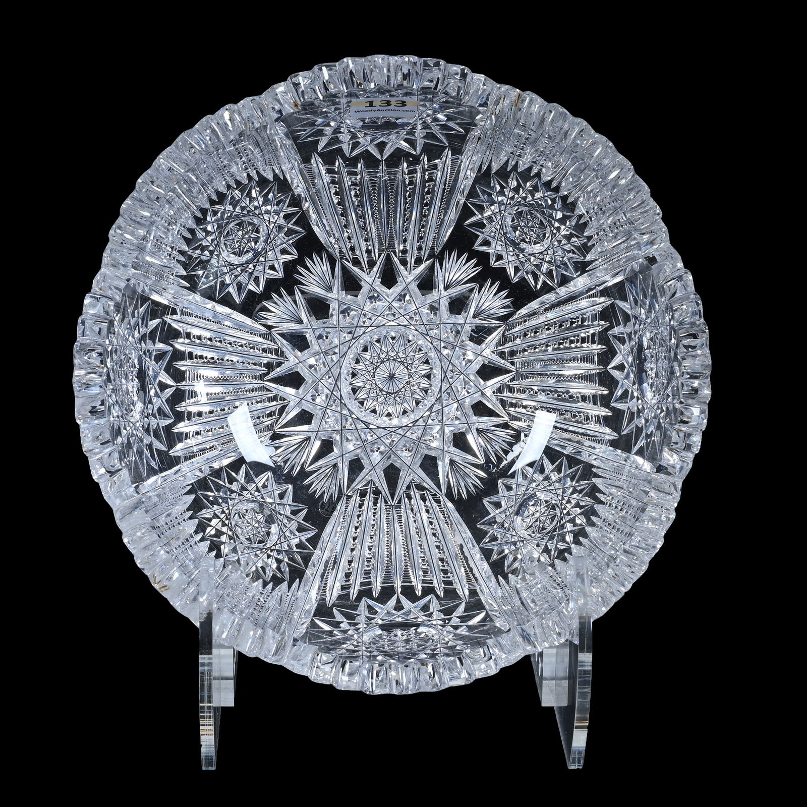 Bowl, American Brilliant Cut Glass, Well Cut Flashed Hobstar Center With Prism And Hobstar Border (1 of 3)