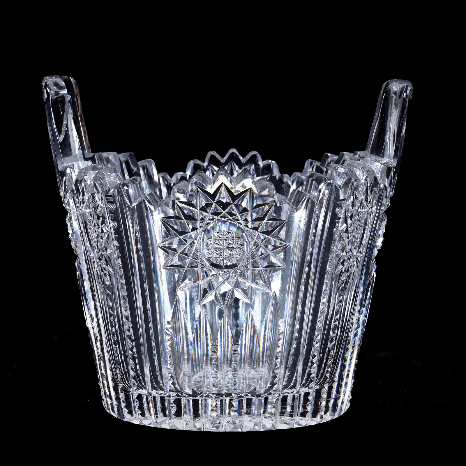Ice Tub, Tab Handles, American Brilliant Cut Glass, Hobstar And Prism Cut Body: Ice Tub, Tab Handles, American Brilliant Cut Glass, Hobstar And Prism Cut Body, 5.25" x 5.75", Hobstar Base, Thick Blank, Estate of Paul Pellet, Texas.