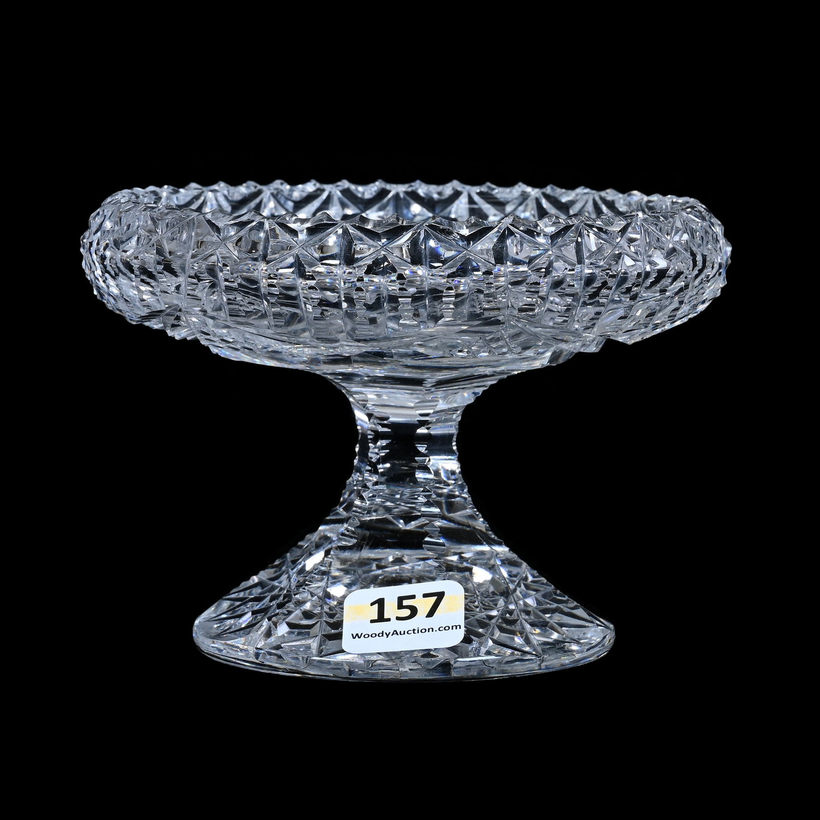 Pedestal Bonbon, American Brilliant Cut Glass, Nailhead Diamond, Miter And Prism Motif: Pedestal Bonbon, American Brilliant Cut Glass, Nailhead Diamond, Miter And Prism Motif, 3.5" x 4.75", Petticoat Hobstar Foot, Estate of Paul Pellet, Texas.