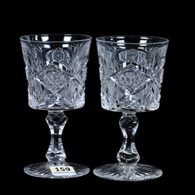 Pair Wine Stems, American Brilliant Cut Glass, Lotus Pattern By Egginton