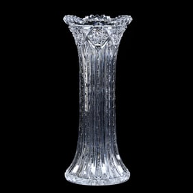Vase, American Brilliant Cut Glass, Prism Cut Body With Hobstar Border