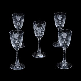 (5) Wine Stems, American Brilliant Cut Glass, Signed Hawkes Queens Pattern