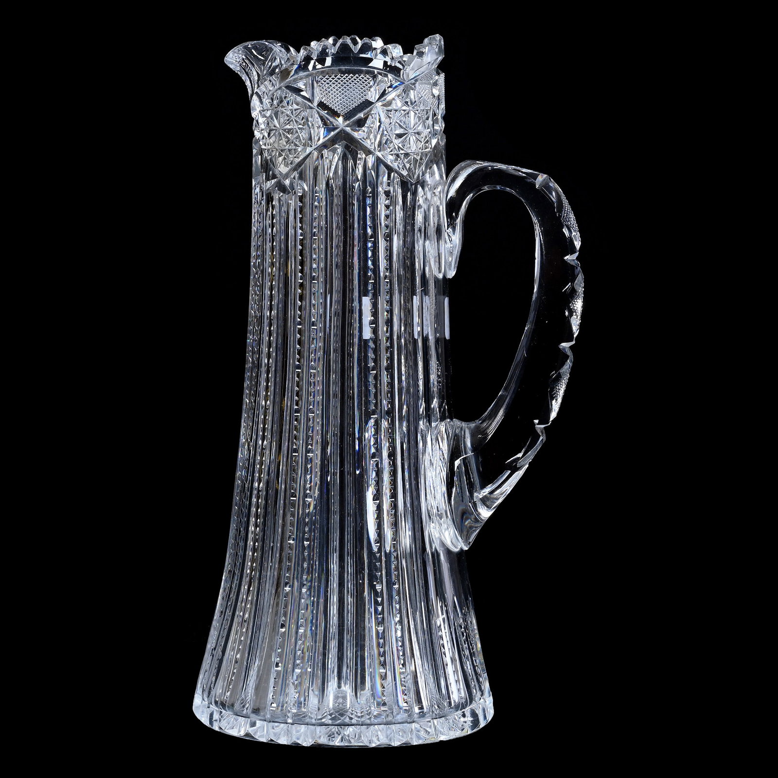 Tankard, American Brilliant Cut Glass, Glenwood Pattern By Bergen: Tankard, American Brilliant Cut Glass, Glenwood Pattern By Bergen, 11.25" x 6", Hobstar Base, Pattern Cut Handle, Estate of Paul Pellet, Texas.