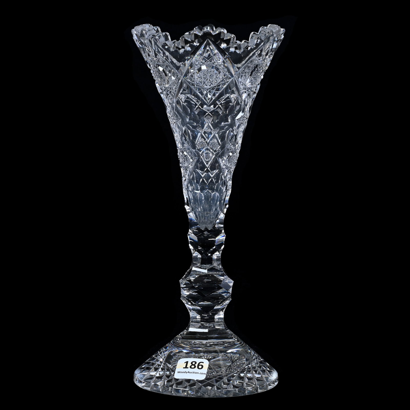 Trumpet Vase, American Brilliant Cut Glass, Signed Gundy And Clapperton Cleopatra Pattern: Trumpet Vase, American Brilliant Cut Glass, Signed Gundy And Clapperton Cleopatra Pattern, 10" x 4.25", Petticoat Hobstar Foot, Facet Cut Knob Stem, Exactly As Shown In ACGA Gundy And Clapperton Catal