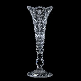 Trumpet Vase, American Brilliant Cut Glass, Signed Hawkes Queens Pattern