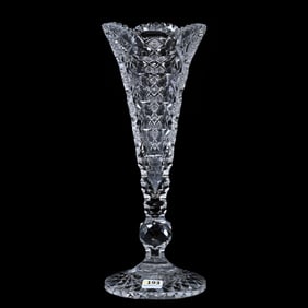 Trumpet Vase, American Brilliant Cut Glass, Signed Hawkes Queens Pattern