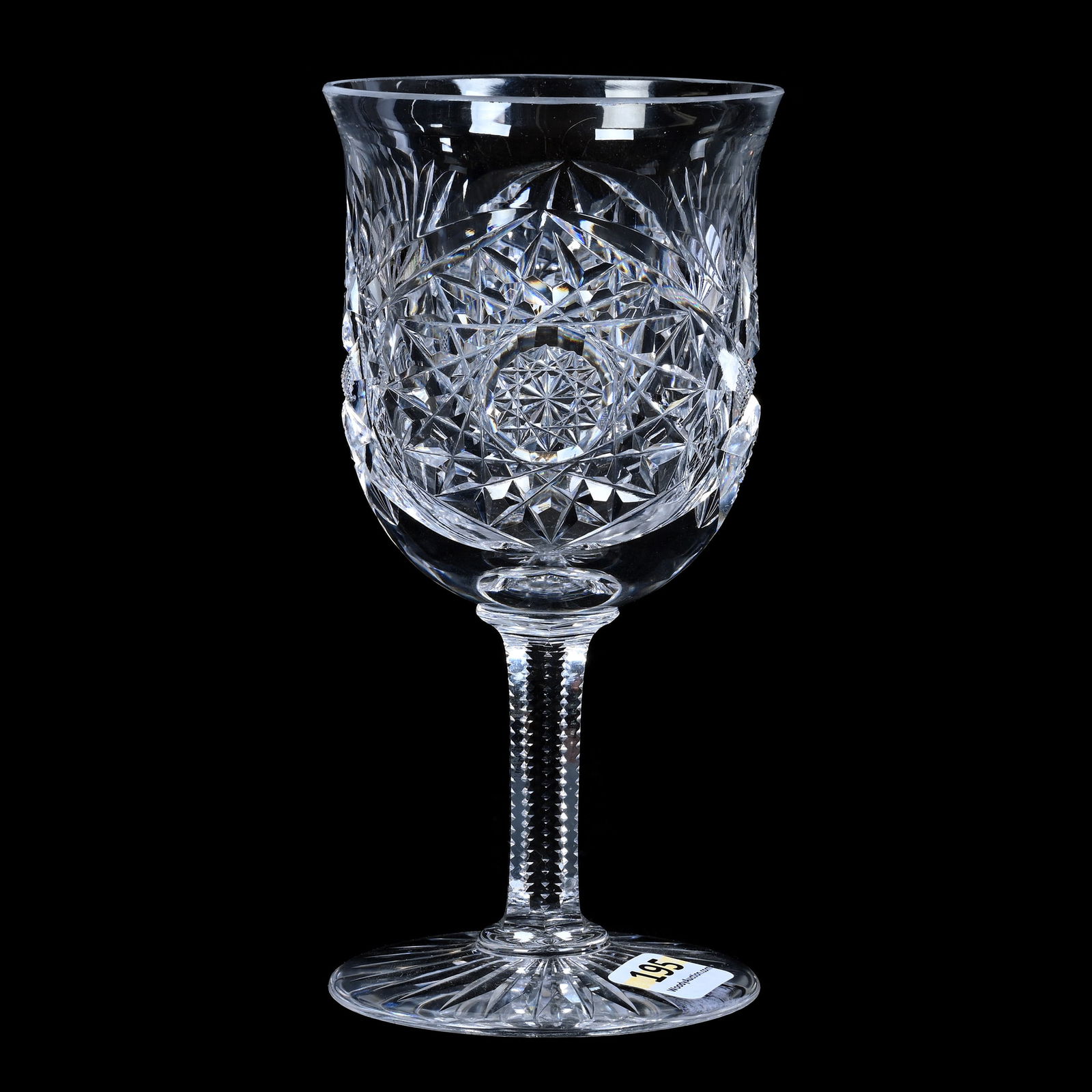 Goblet, American Brilliant Cut Glass, Hobstar And Lozenge Motif: Goblet, American Brilliant Cut Glass, Hobstar And Lozenge Motif, 6.25" x 3", Bell Shaped Bowl, Ray Cut Foot, Professional Rim Repair, Estate of Paul Pellet, Texas.