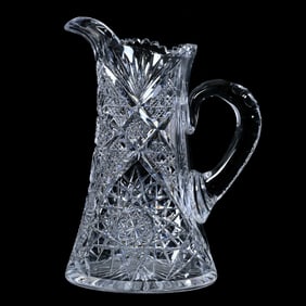 Pitcher, American Brilliant Cut Glass, Hobstar, Cane, Nailhead Diamond And Fan Motif