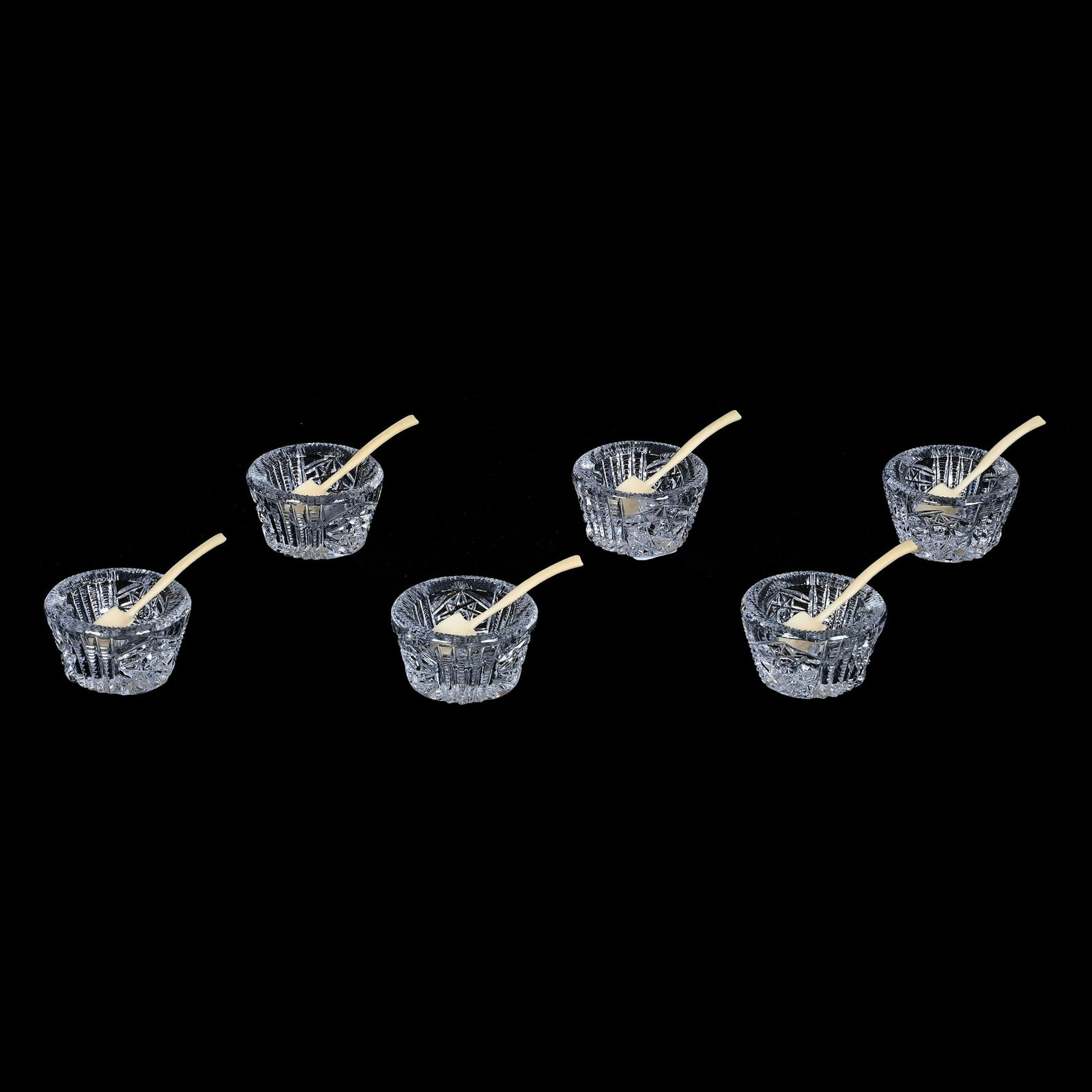 (6) Salt Dips, American Brilliant Cut Glass, Hobstar And Prism Motif: (6) Salt Dips, American Brilliant Cut Glass, Hobstar And Prism Motif, 1" x 2", Ray Cut Base, Selling With Six Bone Spoons In Shovel Shape, Estate of Paul Pellet, Texas.