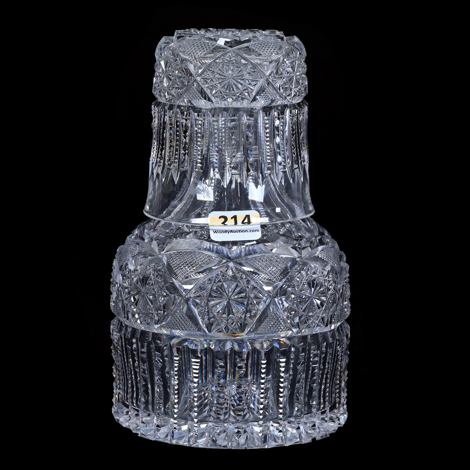 Tumble-Up, American Brilliant Cut Glass, Hindoo Pattern By J. Hoare: Tumble-Up, American Brilliant Cut Glass, Hindoo Pattern By J. Hoare, 7" x 4.25", Tumbler Does Not Sit Fully On Shoulders Of Carafe, But Tumbler Rim Is Original, Hobstar Base, Estate of Paul Pellet, Te