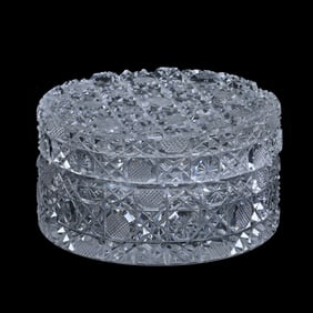 Round Covered Box, American Brilliant Cut Glass, Full Cane Cut Pattern